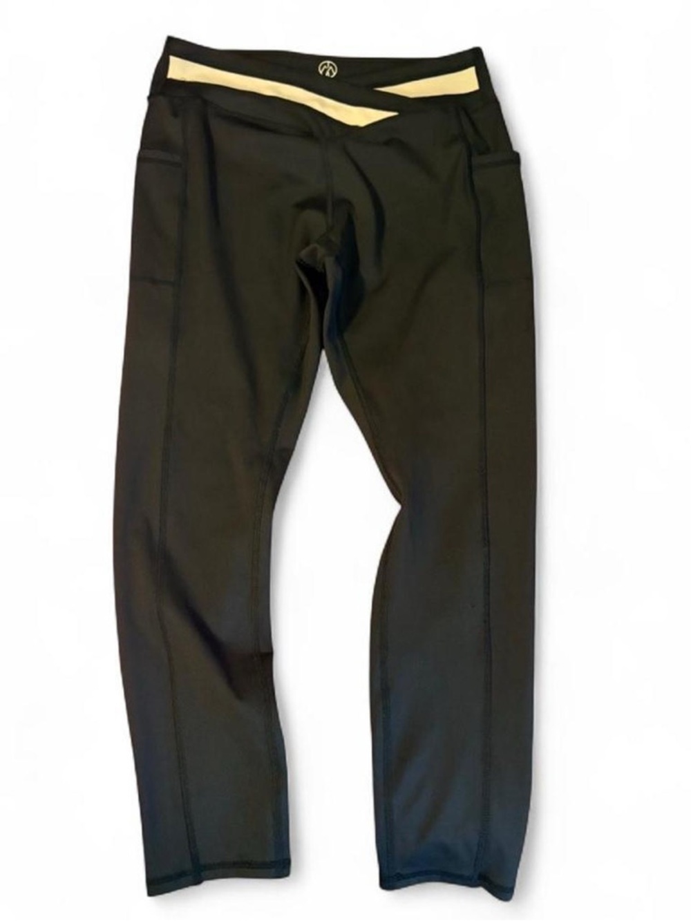 Move Theology Women’s Black Leggings with Cream Accent Waistband Size L